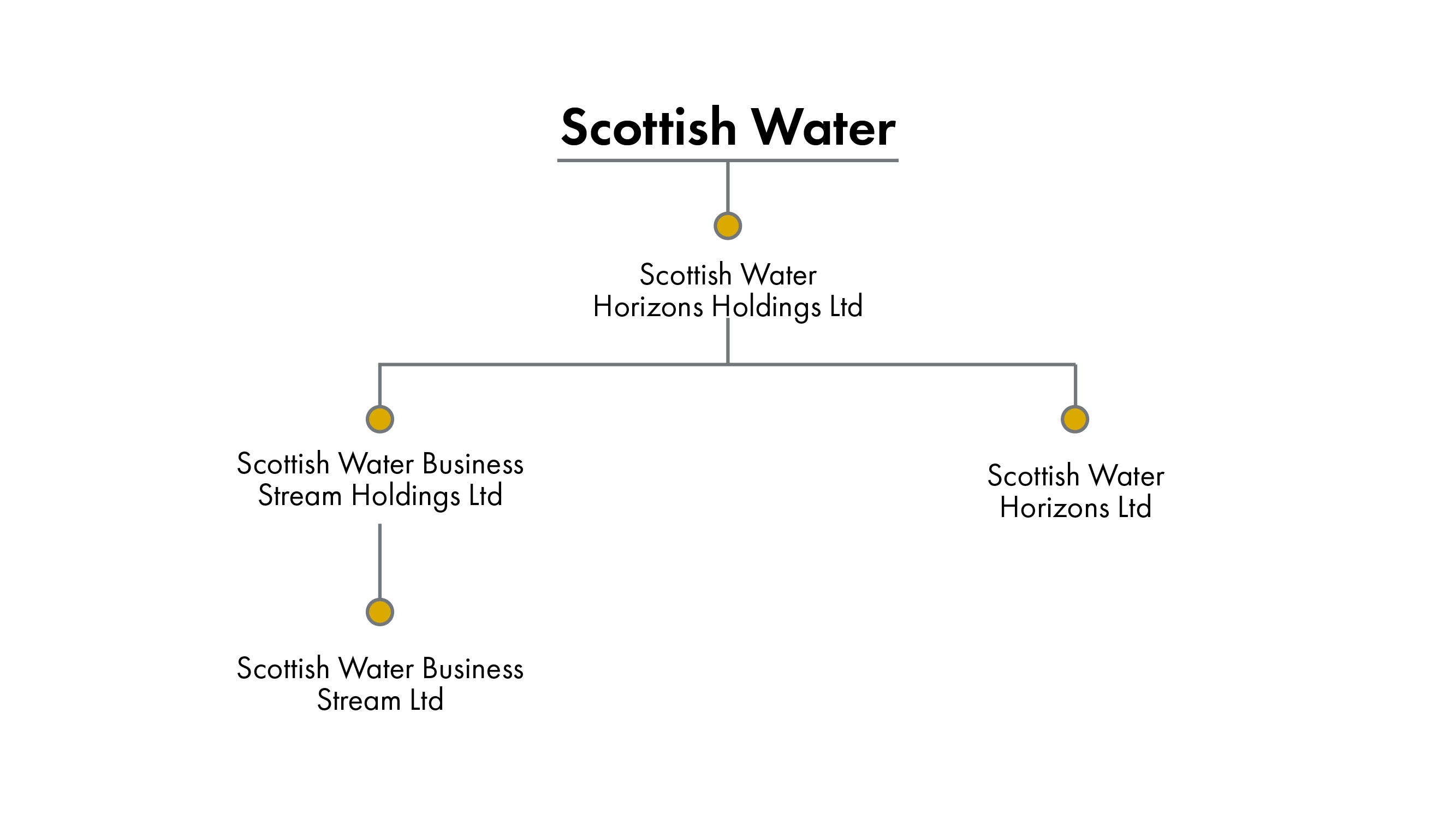 Flow chart depicting the organisational structure of Scottish Water and its subsidiaries. Scottish Water is at the top of the diagram with Scottish Water Horizons Holdings Ltd below. Below that the diagram branches into two separate strands. On the right is Scottish Water Horizons Ltd. To the left is Scottish Water Business Stream Holdings Ltd and below that Scottish Water Business Stream Ltd.